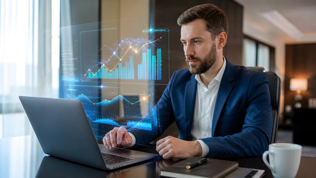 Businessman analyzing financial growth chart on holographic display screen while working at modern office desk