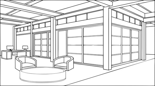 Open plan office interior with desk, armchairs, and glass partitions