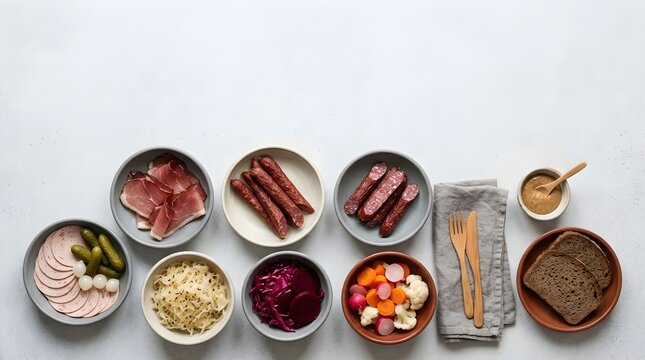 Bavarian meats and pickled veget on clean surface with copy space