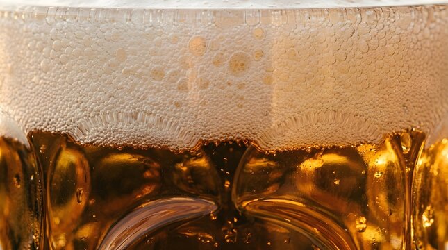 Beer foam in glass on wooden bar with copy space