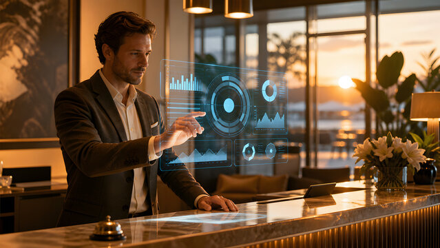 Hotel manager interacting with holographic dashboard display at reception desk during golden sunset evening hour