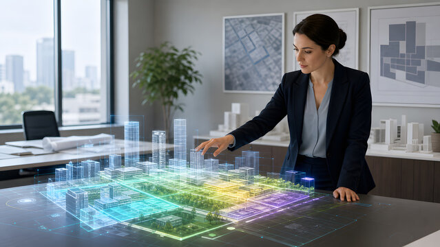 Architect examining holographic city model with skyscraper building while working at modern office table indoor