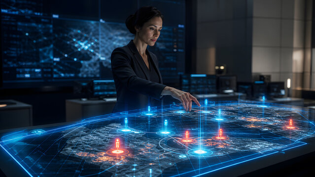Security analyst monitoring holographic map with location marker inside dark control room during night surveillance operation shift