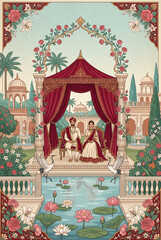 Fototapeta premium Mughal Lotus Garden wedding invitation card design, red silk canopy, cranes, fountains, marble balustrades 4k 