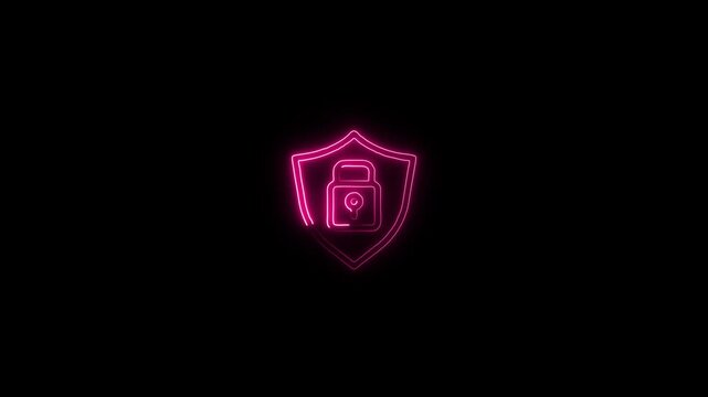 Neon security lock icon with glowing shield protection symbol for cybersecurity data privacy digital safety network security technology and modern interface design