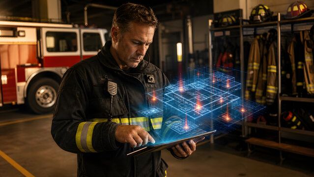 Firefighter checking holographic building floor plan on digital tablet inside fire station near red truck