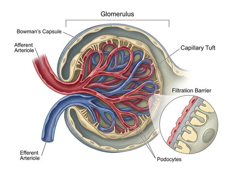 Detailed 3d illustration of kidney glomerulus and filtration process isolated on white background