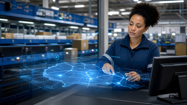 Warehouse worker analyzing holographic logistics network map while standing near package shelf inside busy distribution center facility
