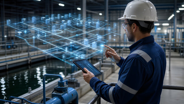 engineer using tablet with holographic smart city grid near water treatment facility outdoors during day shift