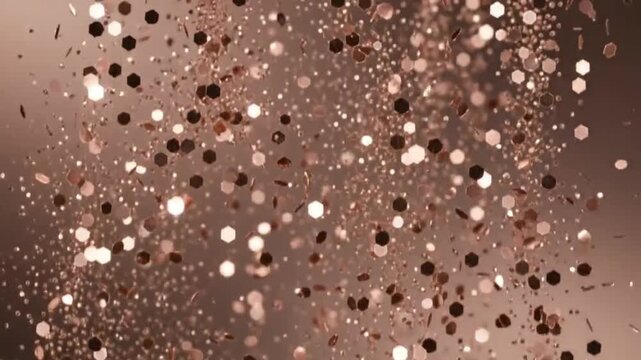 Rose gold glitter explosion, shimmering metallic sequins falling on a bronze background, elegant festive confetti motion for luxury events