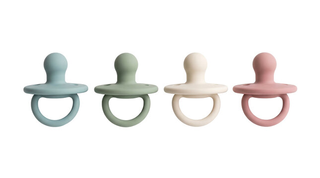 four silicone baby pacifiers isolated on transparent background png