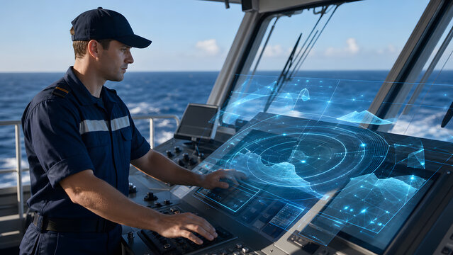 naval officer navigating ship using holographic radar map technology on bridge under clear sky at sea