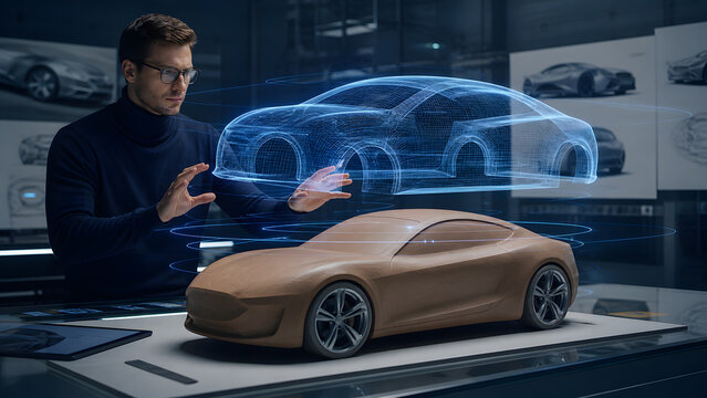 designer gesturing at holographic car wireframe above physical clay model in automotive design studio today