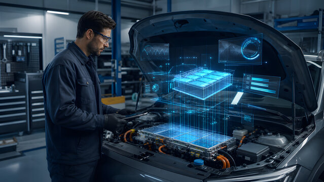 mechanic inspecting electric vehicle battery pack with holographic diagnostic display in modern auto repair workshop