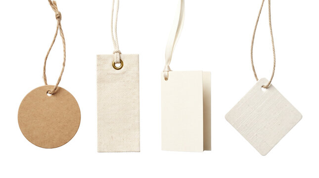 four blank price tags isolated on transparent background png