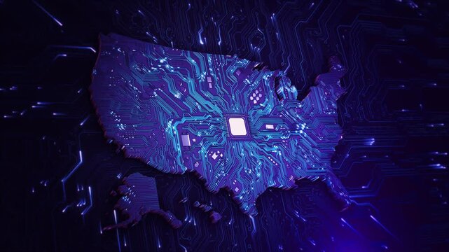 Purple blue USA circuit map with processor technology and luminous electronic pathways. for AI infrastructure, chip manufacturing, cloud computing, cyber defense and future technology videos.