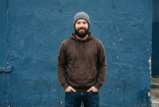 Portrait of a Smiling Bearded Man in Brown Hoodie and Beanie Standing Against a Textured Blue Wall