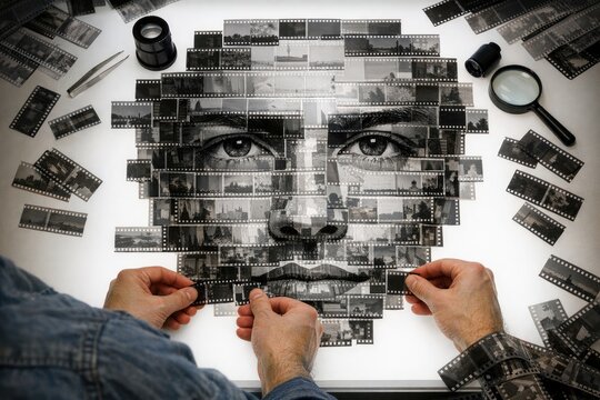 A person holding a piece of film featuring a male portrait, great for nostalgic or retro-themed projects