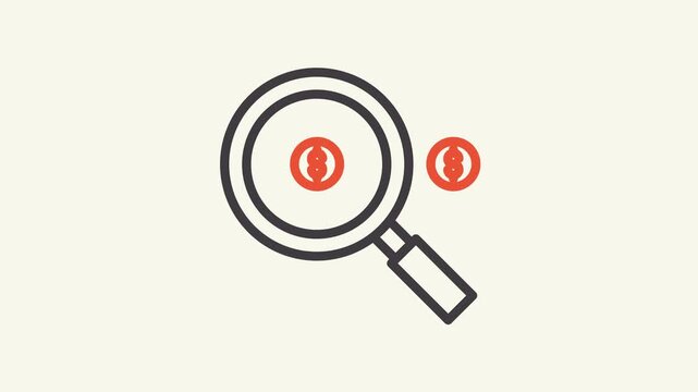Black magnifying glass icon with orange coin symbols on white background. Suitable for finance and investment related designs.