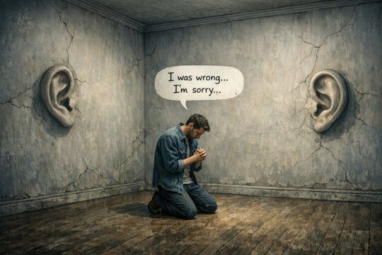A person apologizing with a speech bubble, often used for illustration or design purposes