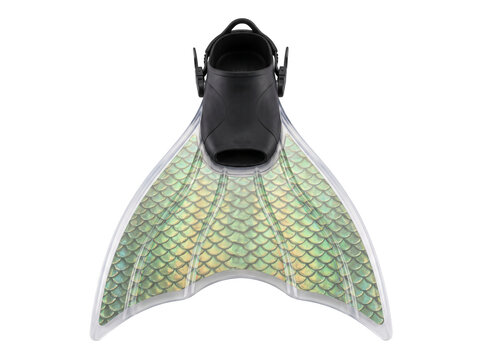 Mermaid monofin swim fin flipper with iridescent green fish scale pattern for freediving and aquatic sports isolated on black background studio shot fantasy swimming gear equipment accessory cutout