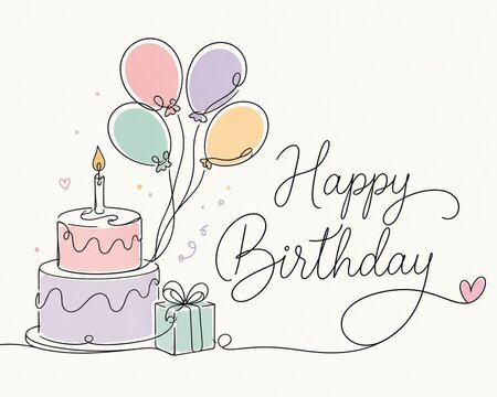 Happy birthday greeting card with a cake balloons and gift box