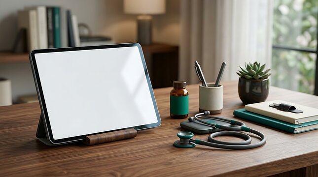 Modern workspace with laptop, stethoscope, and medical supplies on desk