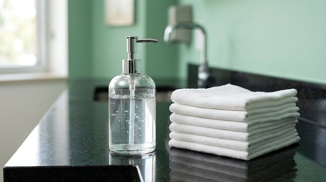 Hand sanitizer dispenser next to folded towels on bathroom counter