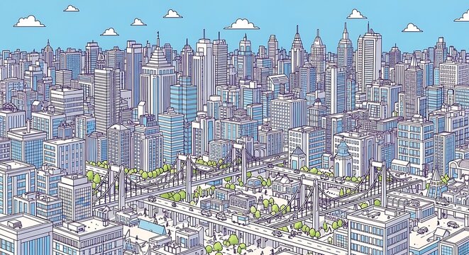 Detailed architectural illustration of a busy high density modern city skyline
