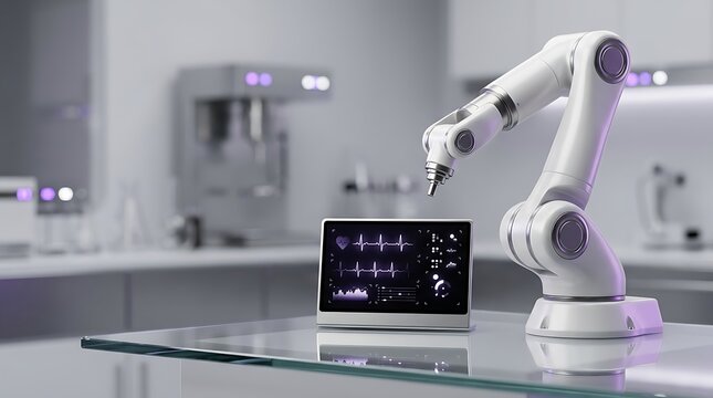 Industrial robotic arm operating near a laptop computer
