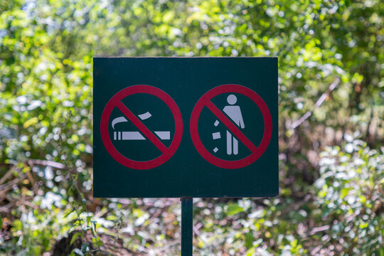 No smoking and no littering prohibition sign in a green forest park