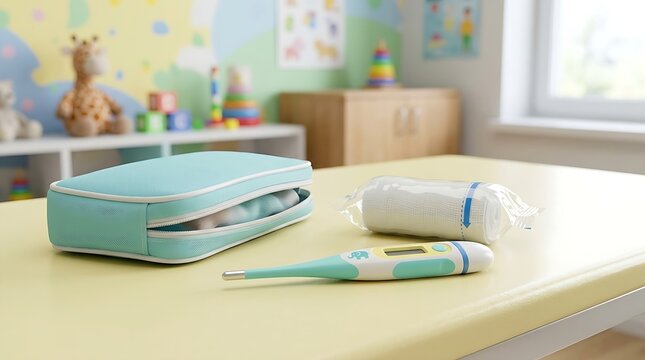 Baby digital thermometer with case on a nursery table