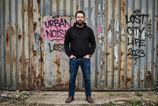 Confident Bearded Man in Black Hoodie Standing Against Gritty Urban Graffiti Wall in Industrial Setting