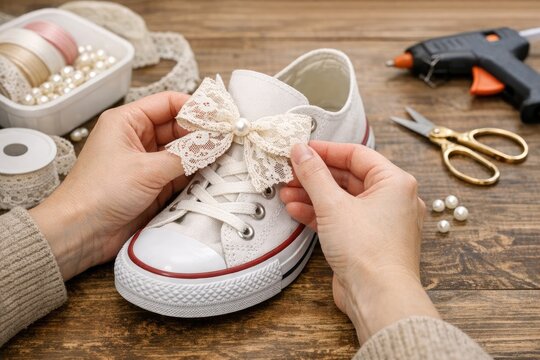 A person tying a lace bow on a pair of sneakers