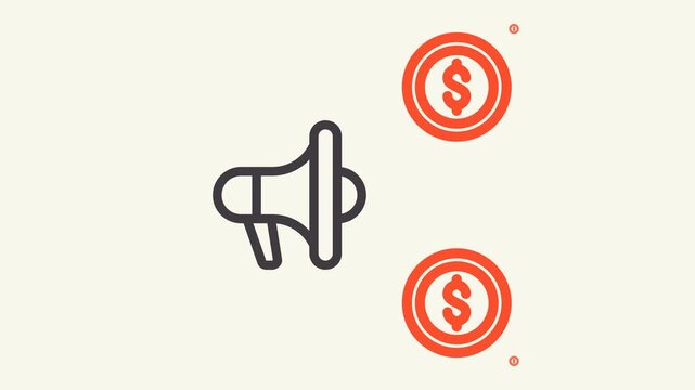 Single grey megaphone icon next to two orange round dollar sign currency coins. Suitable for financial communication or marketing concepts.
