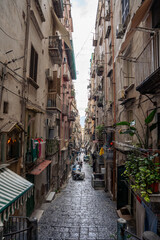 Naklejka premium narrow cobblestone street lined with old residential buildings with balconies and plants in european historic city neighborhood