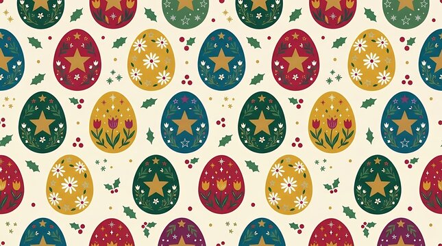 Festive repeating design showing bright decorated holiday eggs with star and floral markings on a blank backdrop easter egg pattern seamless colorful holiday spring festive decoration celebration