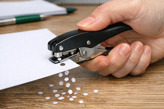 A person using a stapler to cut a piece of paper
