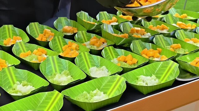 Chef pouring diced chopped mango pieces onto sticky rice served in mock banana leaf bowls, Thai Festival Snack, Exotic Fresh Fruit, Local Siam Food, Coconut Milk Garnish