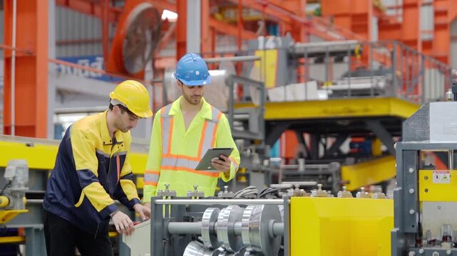 Two industrial engineers inspect factory machinery and review technical data on a tablet during a manufacturing equipment audit.