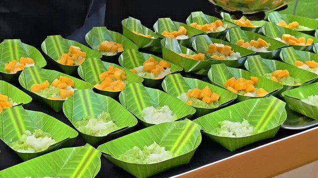 Chef adding diced mango to sticky rice inside mock banana leaf bowls, Thai Festival Snack Buffet, Exotic Fresh Fruit, Local Siam Food, Coconut Milk Garnish
