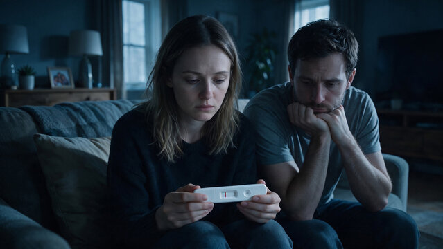 Close-up of a sad young couple holding a negative pregnancy test with one red line and feeling devastated. Infertility, failed expectations and family planning struggle concept