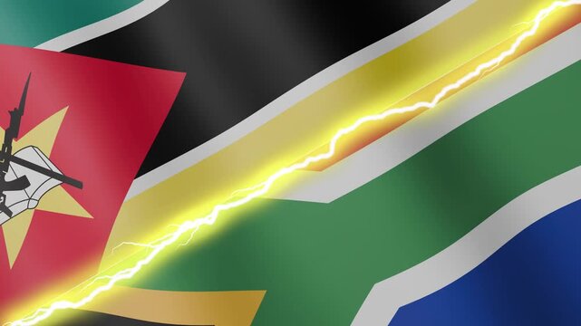 Two waving flags Mozambique and South Africa with diagonal lightning seamless, 4k loop