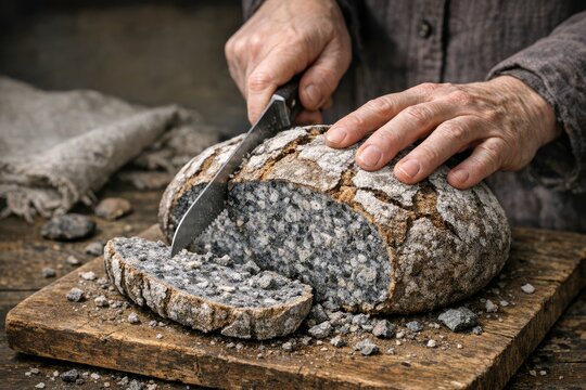 A person cutting a loaf of bread with a knife in a simple, everyday setting