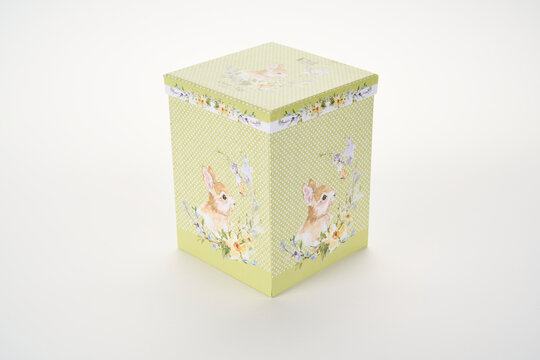 Square green paper box decorated with cute bunny rabbit illustrations and spring flowers for gift