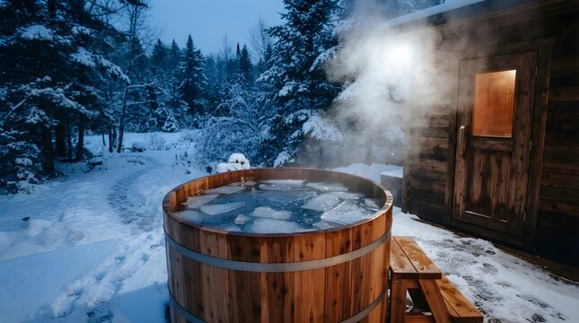 Cedar cold plunge tub outdoors in commercial setting bright studio