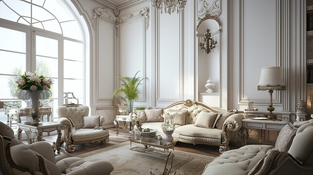Luxurious Neoclassical Living Room Interior with Ornate Moldings, Large Arched Windows, and Plush Furnishings