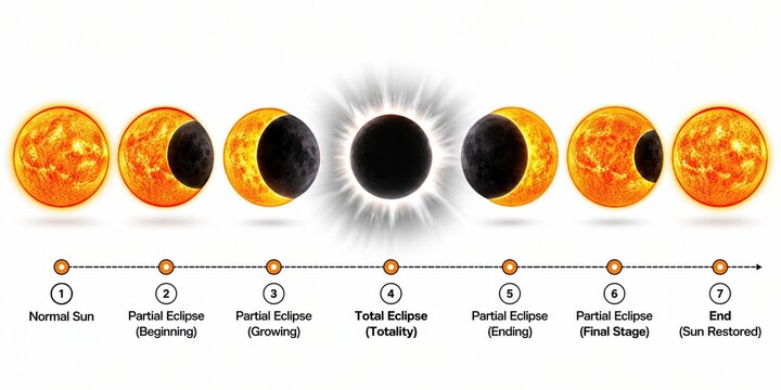 Set of solar eclipse phases showing the sun covered by the moon in a sequence