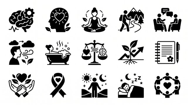 Mental Health and Wellness Vector Icons Set for Psychology and Self Care Concepts