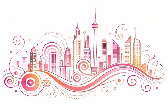 Abstract city skyline illustration with pink and orange colors and artistic shapes